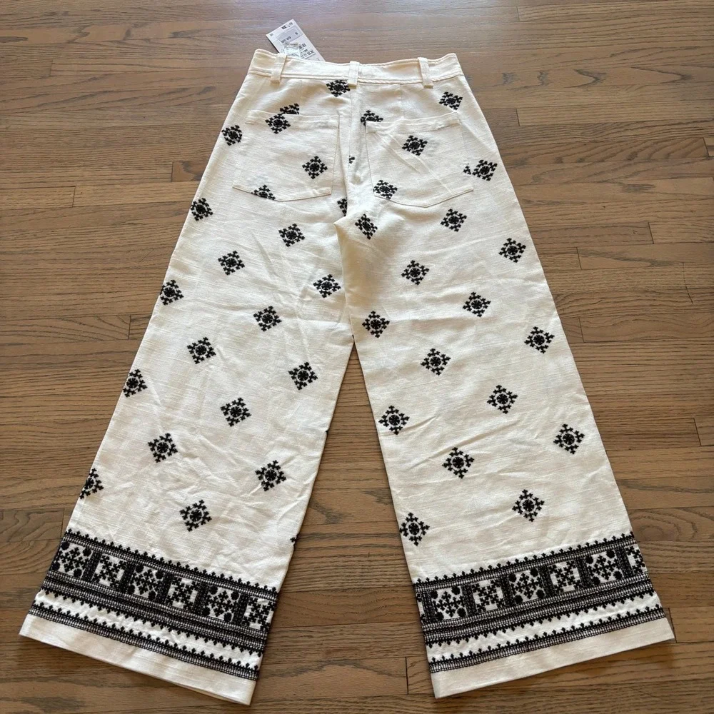 Zara Embroidered Linen Blend Wide Leg Pants White Black XS NEW